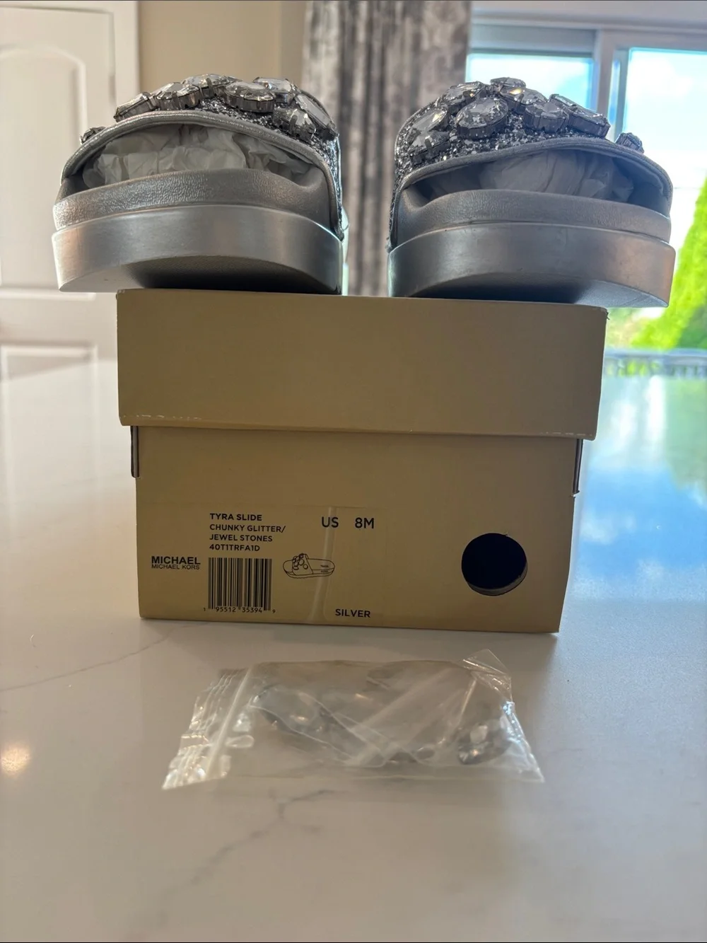 Michael Kors Silver Crystal Embellished Slide Sandals